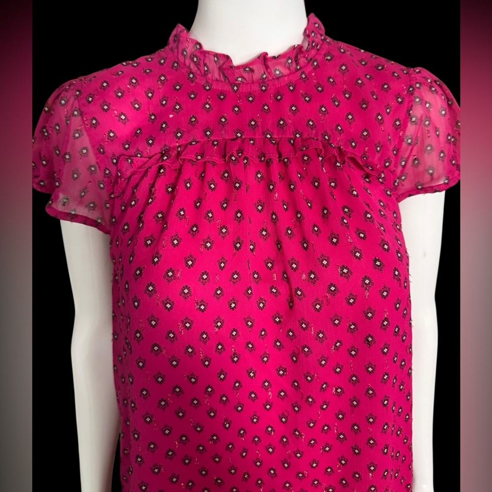 CAROLINA BELLE bright pink print women’s high neck top, Semi sheer size Large